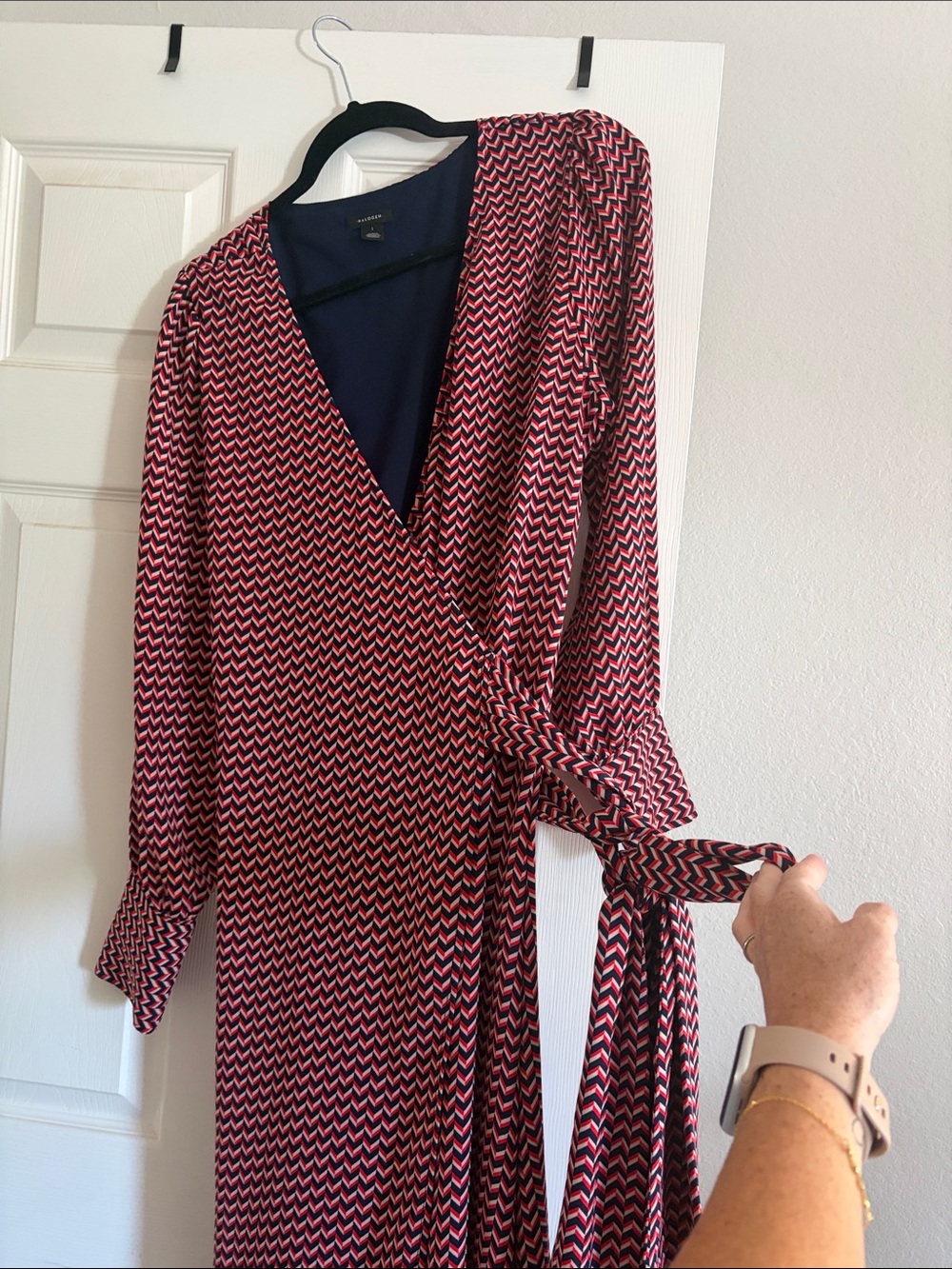 Vintage Halogen Red, Navy and cream Wrap Dress - Long Sleeve Tie Waist